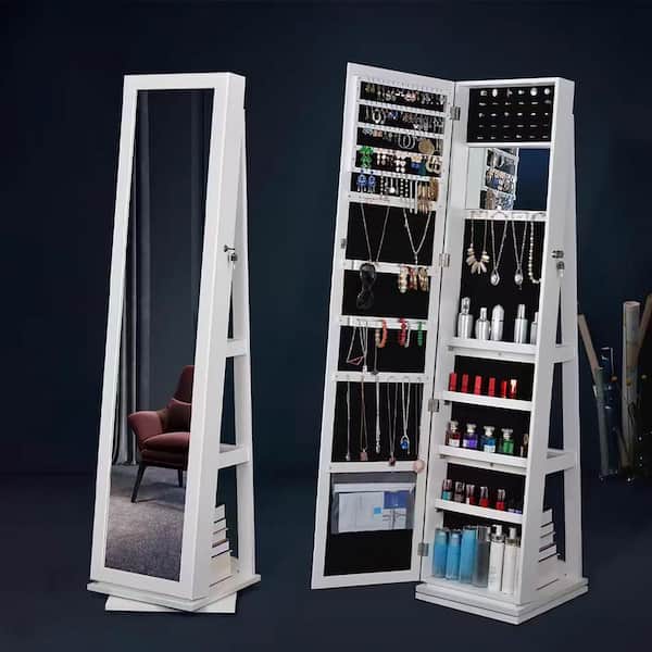 White 15.75 in. W x 64.96 in. H Mirrored Jewelry Cabinet Floor Mirror with Large Capacity Jewelry Storage Cabinet