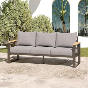 Outdoor 3-Seats Aluminum Sofa, Metal Outdoor Couch with Grey Cushion