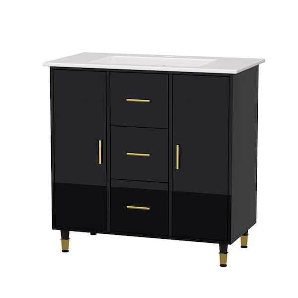 FUFU&GAGA 36.2 in. W x 19.7 in. D x 34.4 in. H Bath Vanity in Black with White Ceramic Vanity Top, Sink, 2 Doors and 3-Drawers