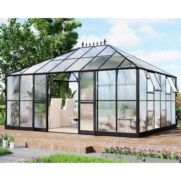 16 ft. W x 12 ft. D x 9.5 ft. H Pavilion Style Polycarbonate Greenhouse with 4-Vent Windows Double Swing Doors