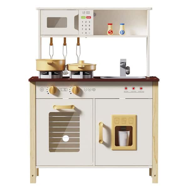 Kids Wooden Play Kitchen Set for Toddlers Ages 3 plus, Real Lights  and  Sounds, Stove, Sink, Oven with 30 Accessories