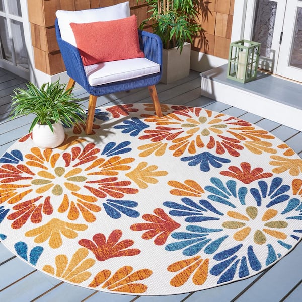 Cabana Creme/Red 5 ft. x 5 ft. Geometric Floral Indoor/Outdoor Round Area Rug