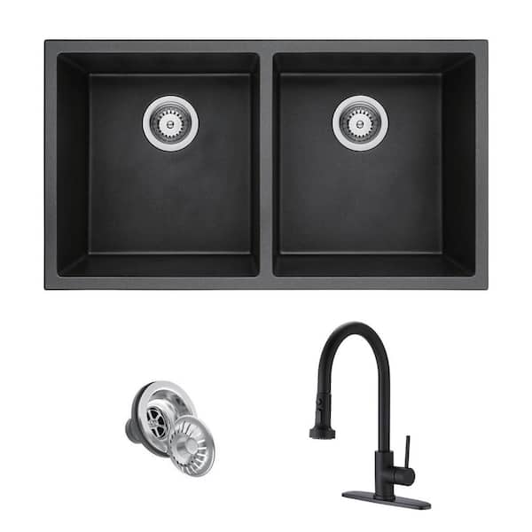 Maincraft Matte Black Quartz 32.09 in. Double Bowl Undermount Kitchen Sink with Faucet and Strainer