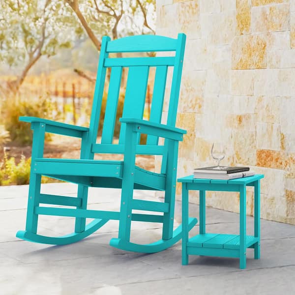 OrangeOne Grant Aruba Blue Poly All Weather Resistant Plastic Adirondack Porch Rocker Indoor Outdoor Rocking Chair