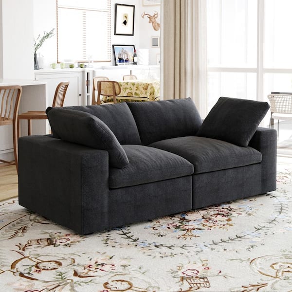 Magic Home 79 in. Square Arm 2-Piece Linen Modular Curved Soriana Loveseat Sectional Sofa Couch in Black