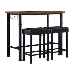 Austin 3-Piece Ash Veneer Black Metal Frame Pub Set with Two Faux Leather Barstools