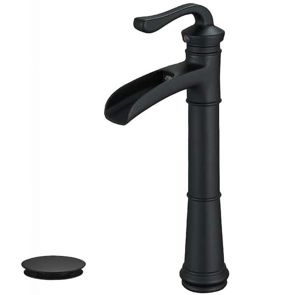 HOMEMYSTIQUE Single-Handle Waterfall Vessel Sink Faucet with Pop-Up Drain and Brass Bathroom Faucet in Matte Black (Valve Included)