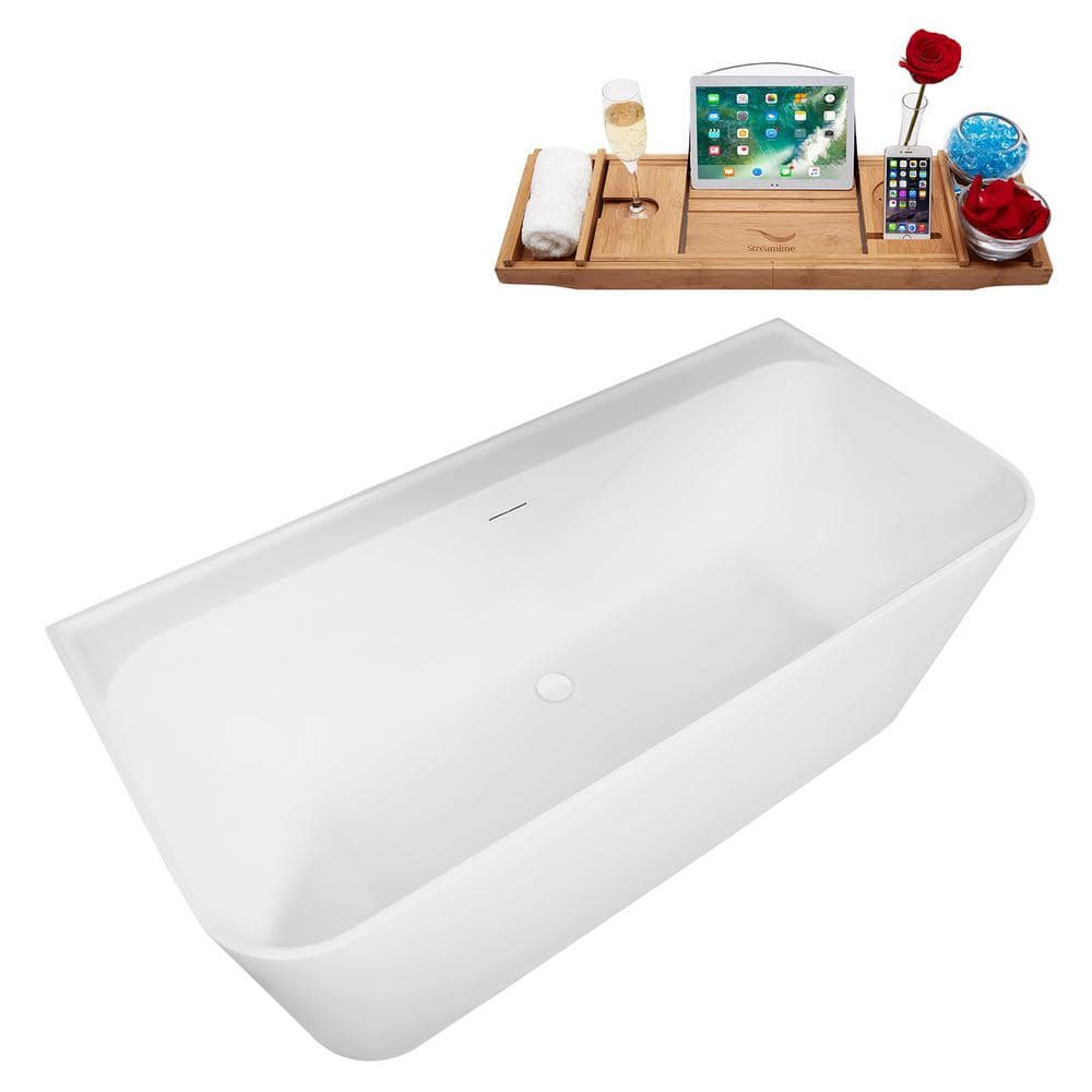 55" Glossy White Acrylic Freestanding Soaking Bathtub with Bamboo Tray