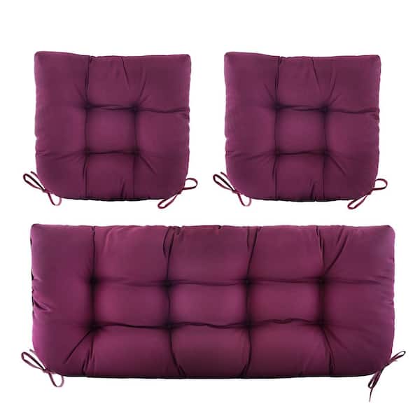 BLISSWALK 3 Piece Outdoor Chair Cushions Loveseat Outdoor Cushions Set Wicker Patio Cushion for Patio Furniture With Tie, Plum