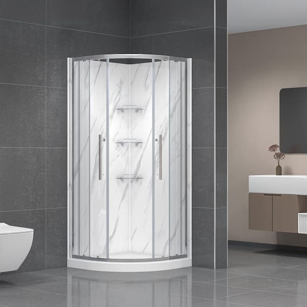 Monaco 36 in. L x 36 in. W x 75 in. H Round Corner Shower Stall/Kit with Base, Walls and Drain in Brushed Nickel