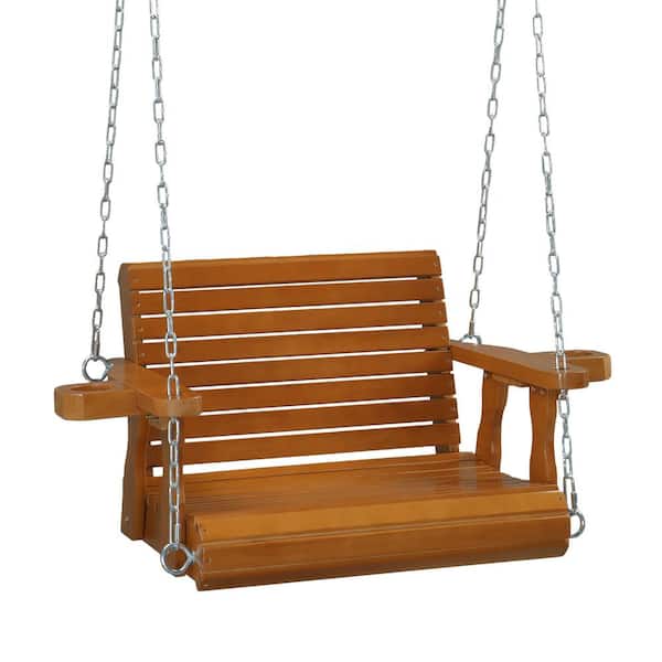 VINGLI 2.5 ft. 1-Person Brown Pine Wood Patio Porch Swing with Extra Cup Holders, Support 440 lbs. Weather Resistant