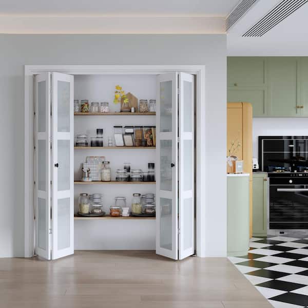 72 in. x 80 in. (Double 36 in. Bifold Doors) 3 Lite Frosted Glass White Solid MDF Bi-Fold Door with Hardware Kit