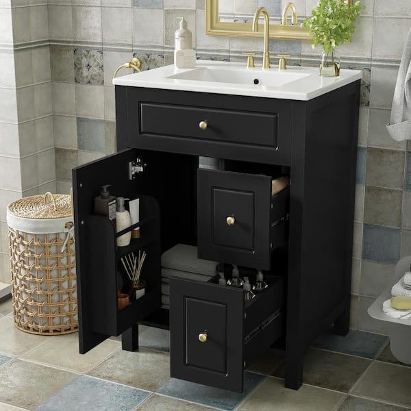 24 in. Freestanding Black Bath Vanity with White Ceramic Top, 2 Drawers and Bathroom Door Storage Cabinet Unassembled
