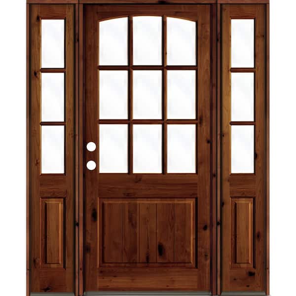 Krosswood Doors 60 in. x 96 in. Alder Right-Hand/Inswing 1/2 Lite Clear Glass Red Chestnut Stain Wood Prehung Front Door with Sidelites