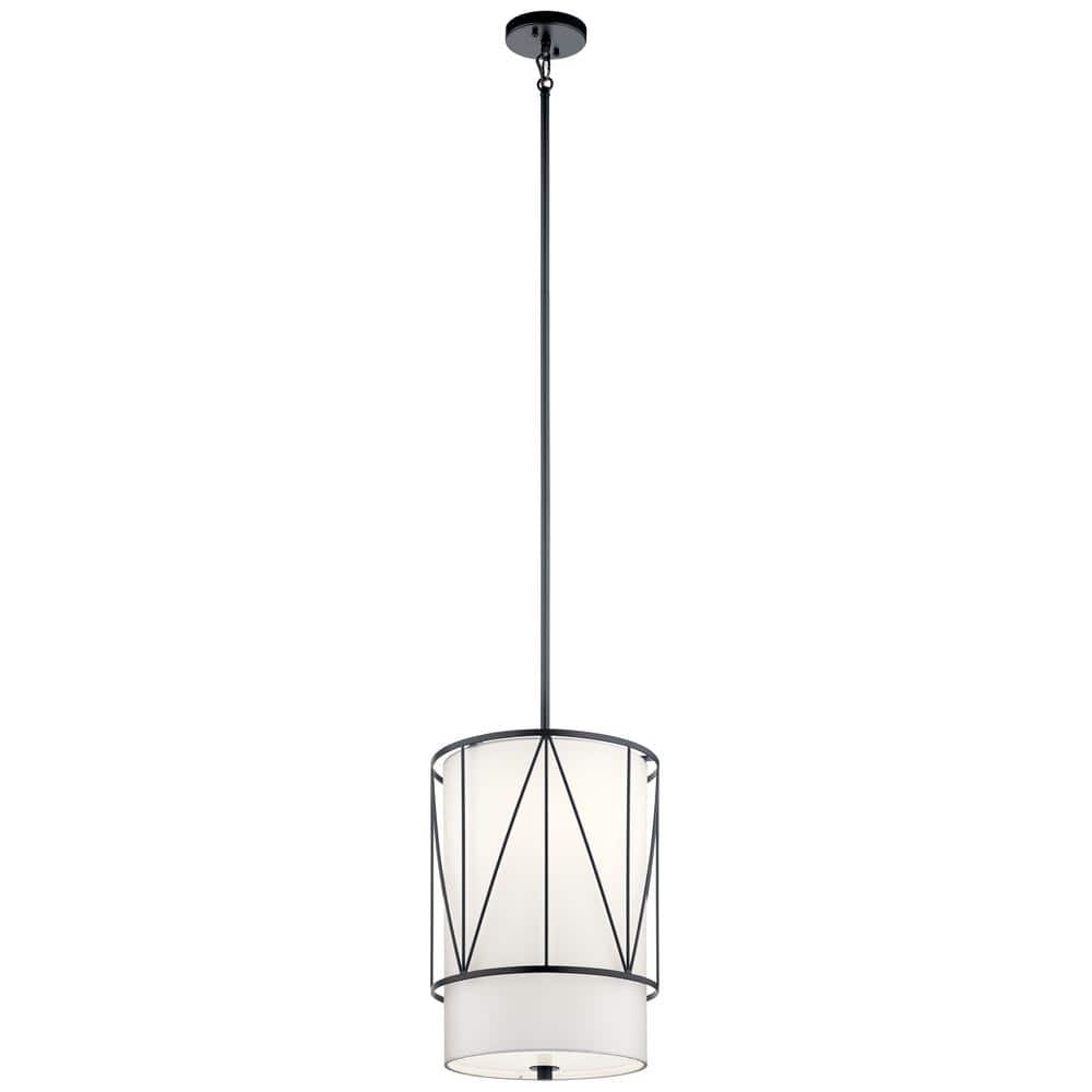 Birkleigh 12" Black Transitional Drum Pendant with Satin Etched Glass