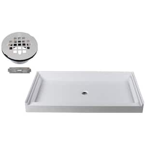 60 in. x 36 in. Single Threshold Alcove Shower Pan Base with Center Plastic Drain in Powder Coat White