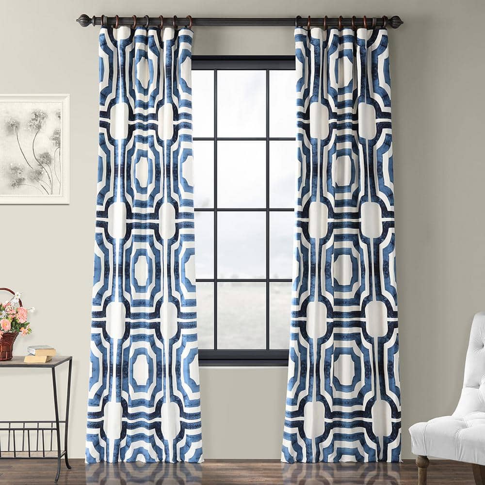 Mecca Blue Geometric Cotton Room Darkening Curtain Panel