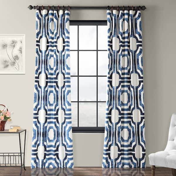 Exclusive Fabrics & Furnishings Mecca Blue Printed Room Darkening Curtain - 50 in. W x 84 in. L Rod Pocket with Back Tab Single Window Panel