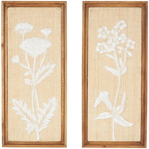 Litton Lane Wood Cream Textured Floral Wall Art Decor with White Painted Accents (Set of 2)