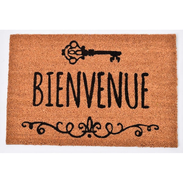 Unbranded Evideco 16 in. x 24 in. Natural Sheltered Printed Front Door Mat Bienvenu Coir Coco Fibers