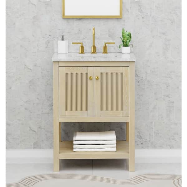 Arcott 25 in. Single Sink Fluted Natural Wood Bath Vanity with Carrara White Marble Top (Assembled)