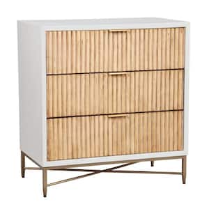 3-Drawer White and Gold Small Dresser Nightstand with Corrugated Panels