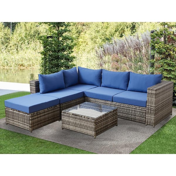 GOOEEN BLUE 4-Piece Wicker Patio Furniture Sets All Weather Outdoor Sectional Sofa Set with Blue Cushions and Table