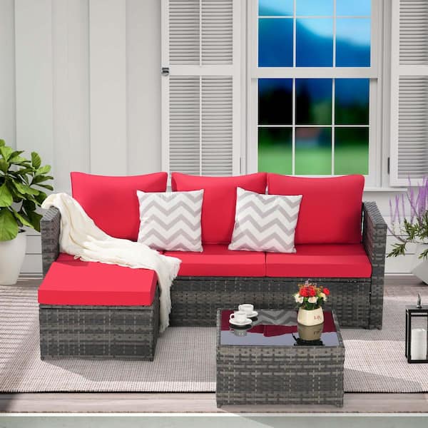 Zeus & Ruta 2-Piece Gray Wicker L-Shaped Outdoor Sectional Sofa Set with Red Cushions and 1 Glass Table