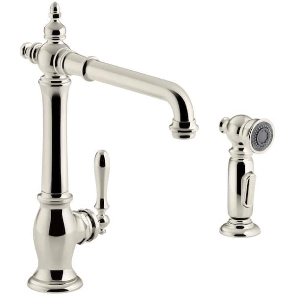 KOHLER Artifacts Single-Handle Standard Kitchen Faucet with Victorian Spout Design and Side Sprayer in Vibrant Polished Nickel