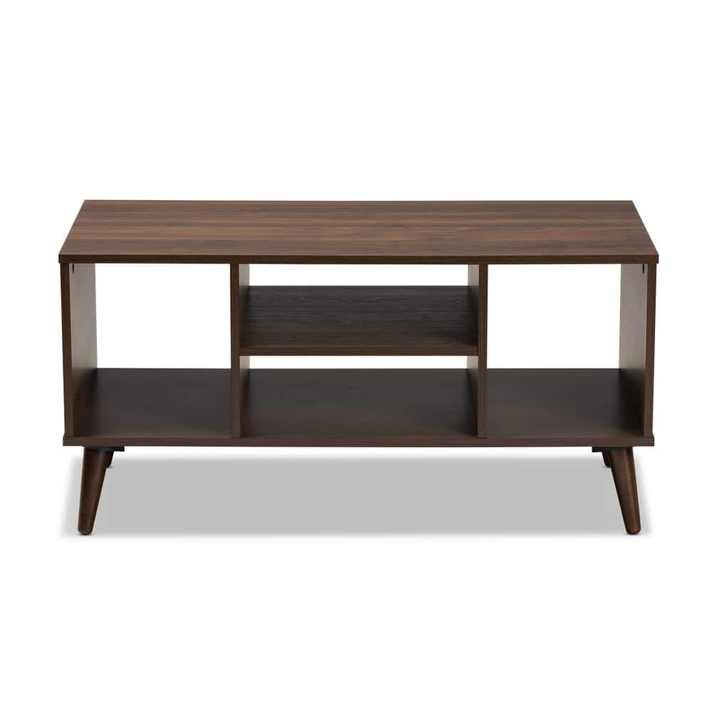 Linas Mid-Century Walnut Wood Coffee Table with Shelves