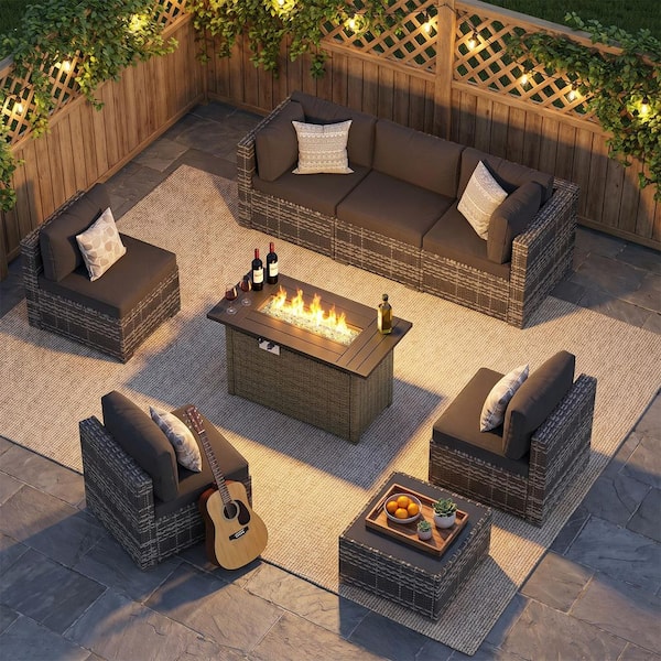 Sizzim Gray 9-Piece Wicker Rattan Patio Conversation Set with