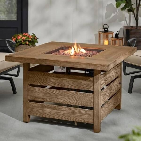 Home Decorators Collection Summerfield 39.5 in. 25 in. Square Steel Brown Wood Look Top LP Gas Fire Pit