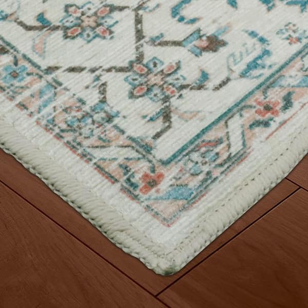 Aure Floral Border Chenille Muticolor Ivory 5 ft. x 7 ft. Polyester Runner Rug