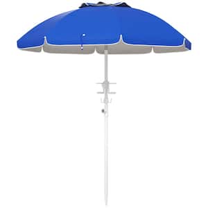 5.7 ft. Steel Beach Umbrella Adjust Height, Double Ruffled Outdoor Umbrella with Tilt and 2 Cup Holders in Blue