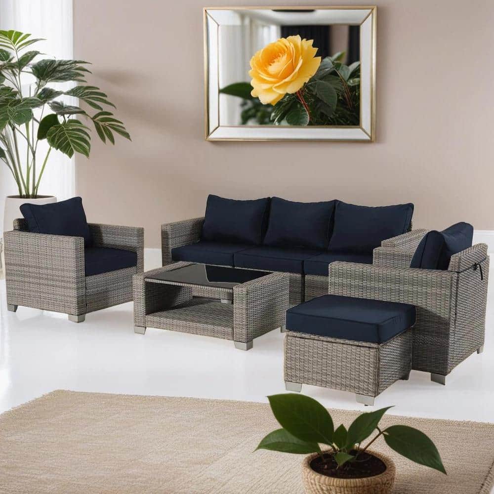 7 -Piece Gray Wicker Outdoor Conversation Sectional Set with Dark Blue Cush