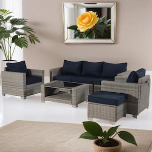 7 -Piece Gray Wicker Outdoor Conversation Sectional Set with Dark Blue Cushions, Coffee Table and Ottoman