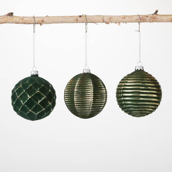 SULLIVANS 4 in. Gold Green Textured Ornaments (Set of 3)