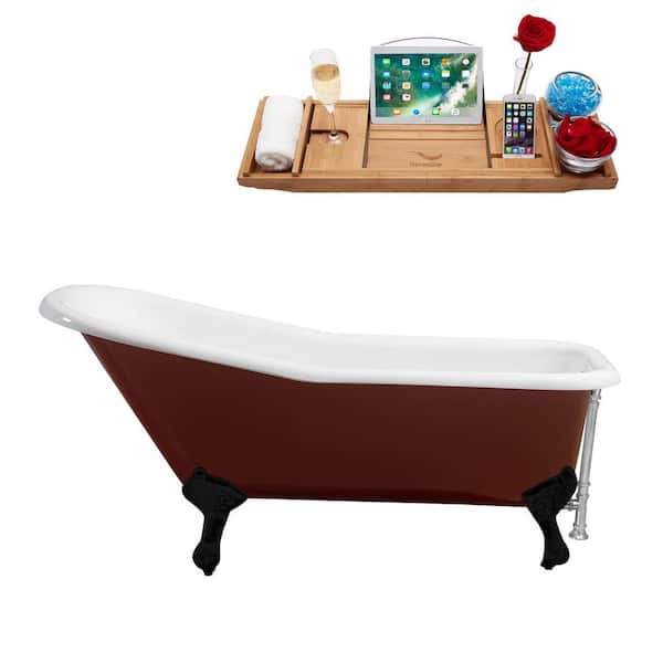 Streamline 66 in. x 30 in. Cast Iron Clawfoot Soaking Bathtub in Glossy Red with Matte Black Clawfeet and Polished Chrome Drain