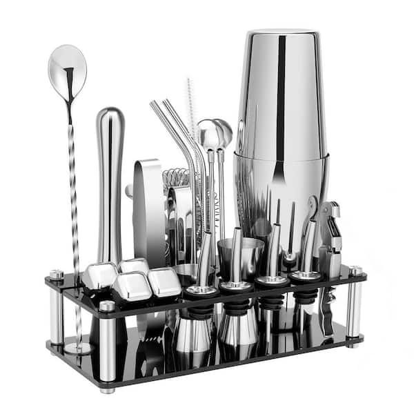 23-Piece 20 oz. and 24 oz. Silver Stainless Steel Cocktail Shaker Set with Acrylic Stand and Cocktail Recipes Booklet