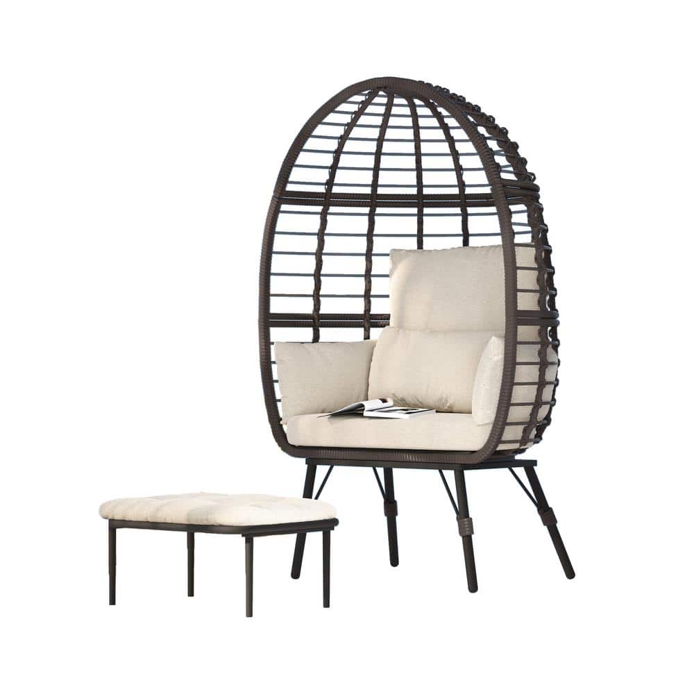 Patio Brown Wicker Indoor/Outdoor Egg Lounge Chair with Ottoman and Beige Cushions price history on PriceWatchPro
