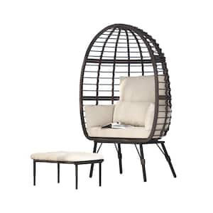 Patio Brown Wicker Indoor/Outdoor Egg Lounge Chair with Ottoman and Beige Cushions