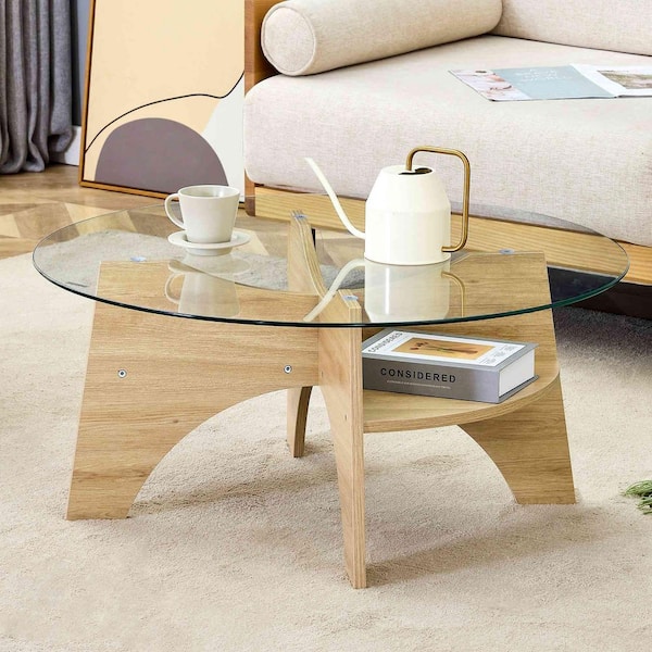 Polibi 31.5 in. Natural Wood, Transparent Round Glass Coffee Table