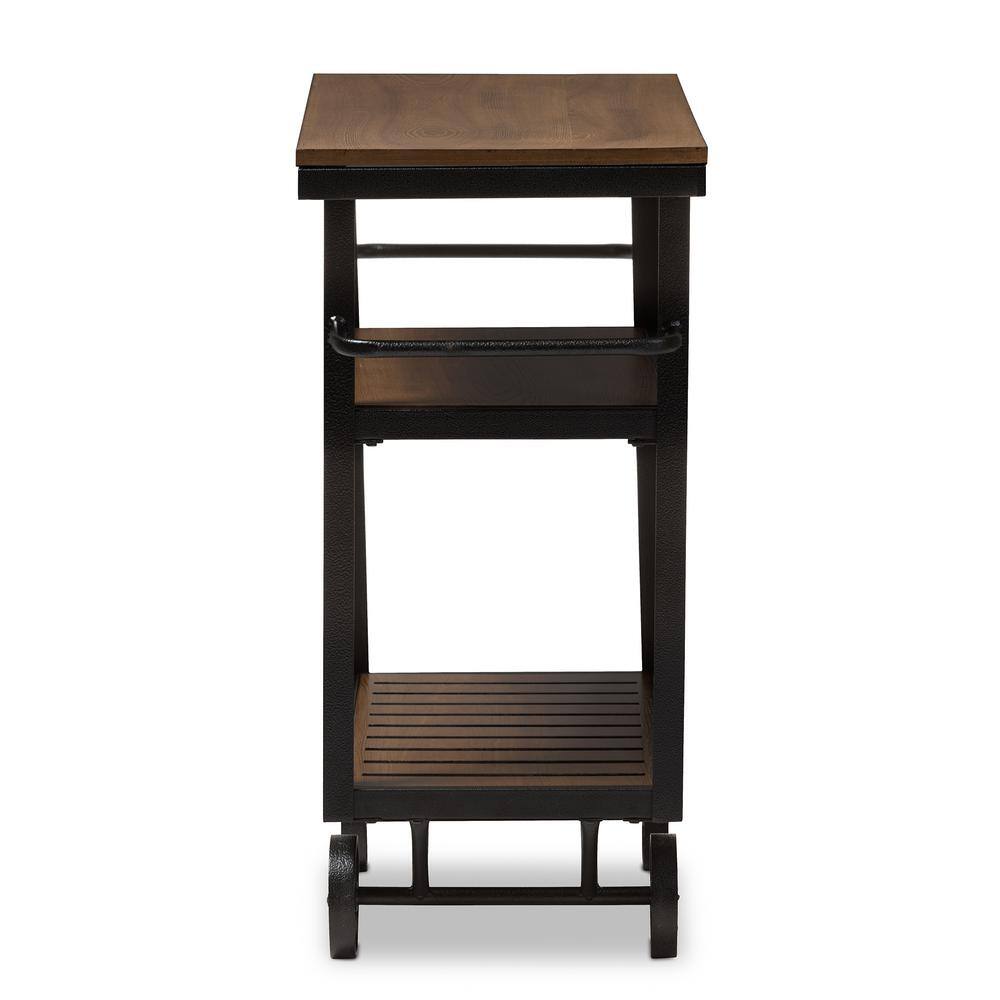 Antique Black & Distressed Oak Wood Mobile Bar Cart with Wine Rack