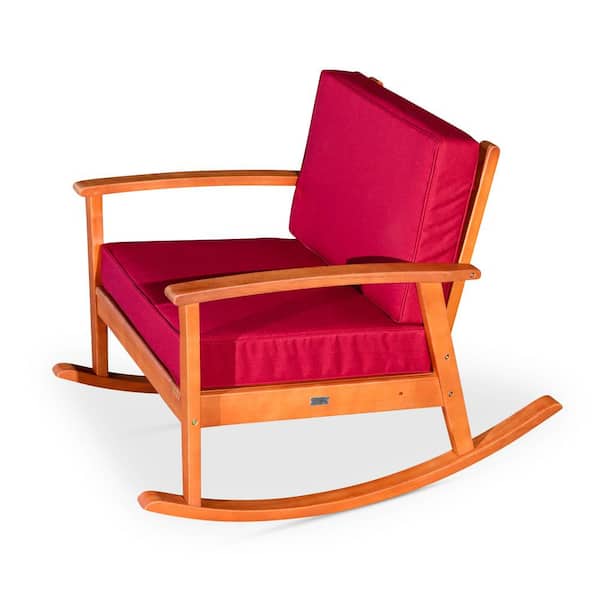 COOLSHARK Wood Outdoor Rocking Chair with Backrest Inclination, High Backrest, Deep Contoured Seat, Burgundy Cushions for Porch