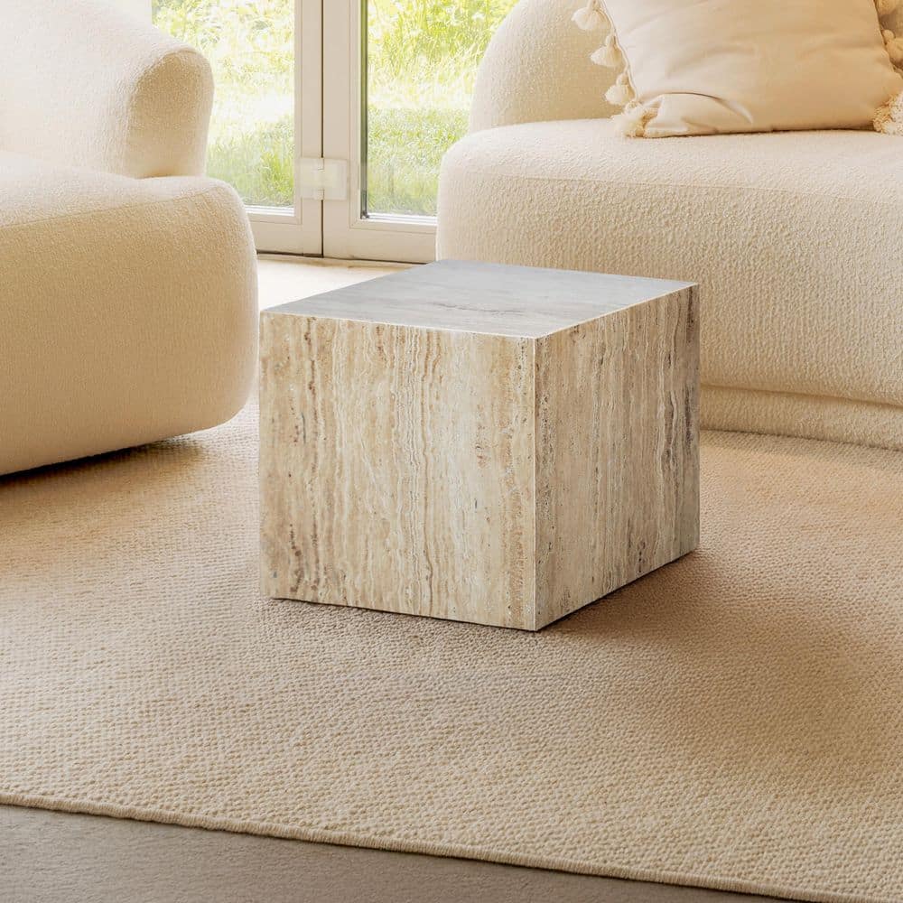 Felix 15 in. Contemporary Natural Marble Handmade Cube End Table, Travertine - thumbnail 5
