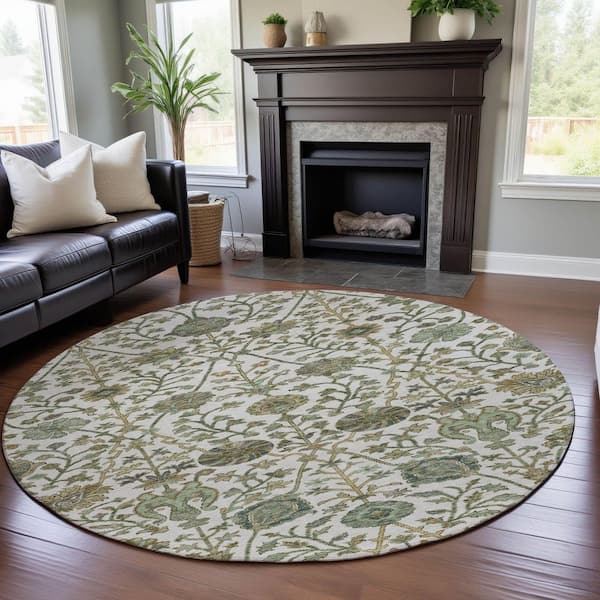 Mayfield Premium Machine Washable Abstract AMF1087 Ivory 8 ft. x 8 ft. Round Rug