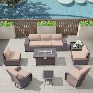 10-Piece Wicker Patio Conversation Set with 55000 BTU Gas Fire Pit Table, Glass Coffee Table and Swivel Rocking Chairs