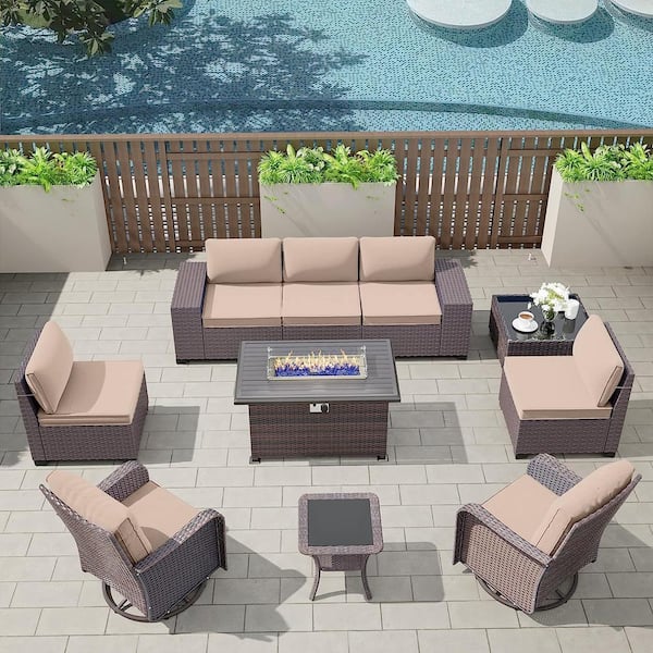 Halmuz 10-Piece Wicker Patio Conversation Set with 55000 BTU Gas Fire Pit Table, Glass Coffee Table and Swivel Rocking Chairs