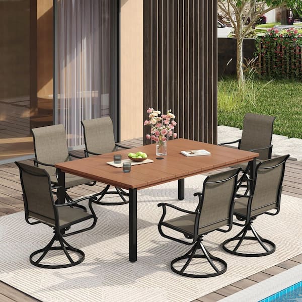 7-Piece Metal Outdoor Dining Set with 63 in. Walnut Rectangle Table and 6 Brown Swivel Patio Dining Chairs