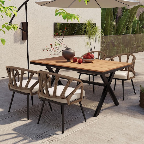 Brown 5-Piece Wicker Outdoor Dining Set with Beige Cushions and Plastic Wood Table for Gardens and Lawns